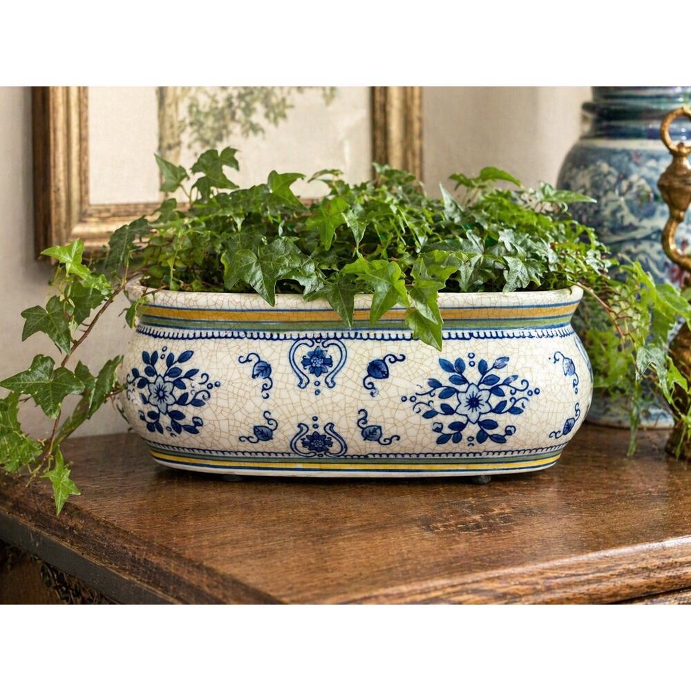 Blue White Crackle Ceramic Planter Bowl Oval Floral Cachepot Dish